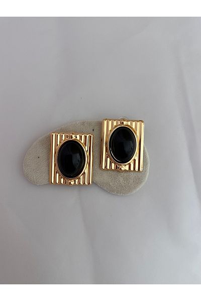 YENGEÇ Vintage Model Black Gold Detail Earrings