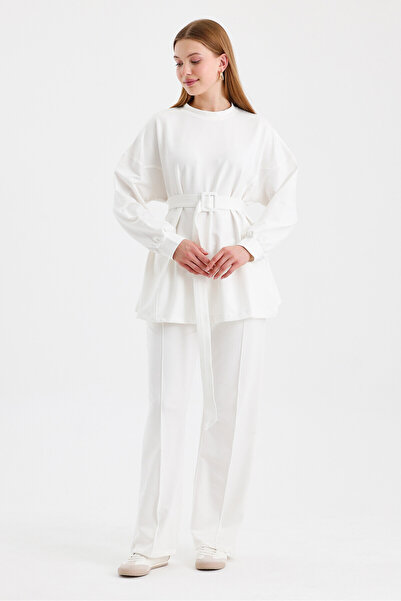 KUAD Ecru Belted Basic Sweat Pants Suit