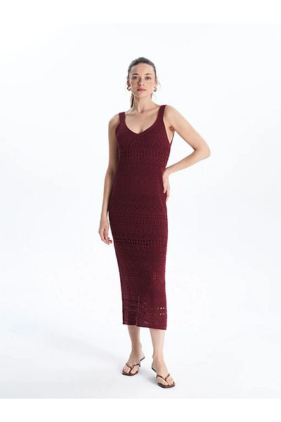 LC Waikiki Lcwaikiki Classic Burgundy V-Neck Openwork Women's Knitwear Dress