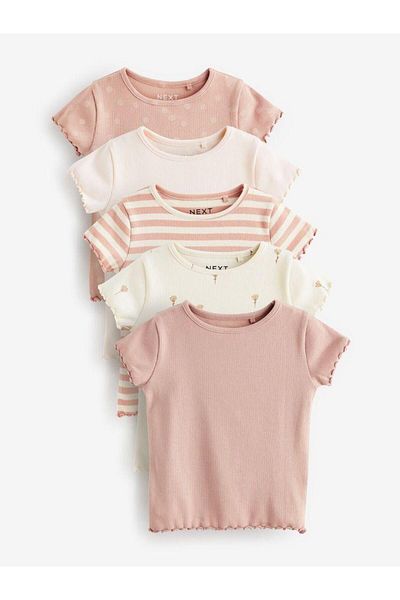 Next Baby Cotton Pink Cream Ribbed Short Sleeve Set of 5 Shorts