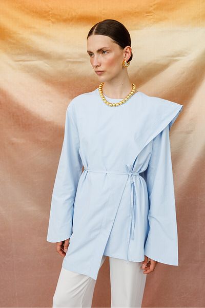 KUAD Poplin Blue Blouse - Shawl Detail