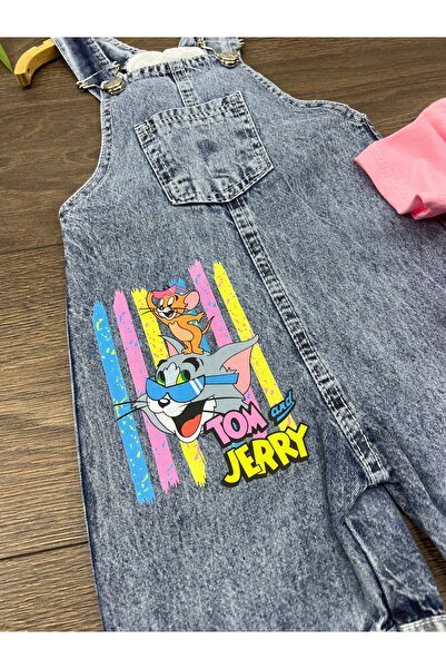 seanto Tom ve Jerri Baskılı Kız Bebek Kot Salopet Şortlu Takım - Pembe Tişörtlü
