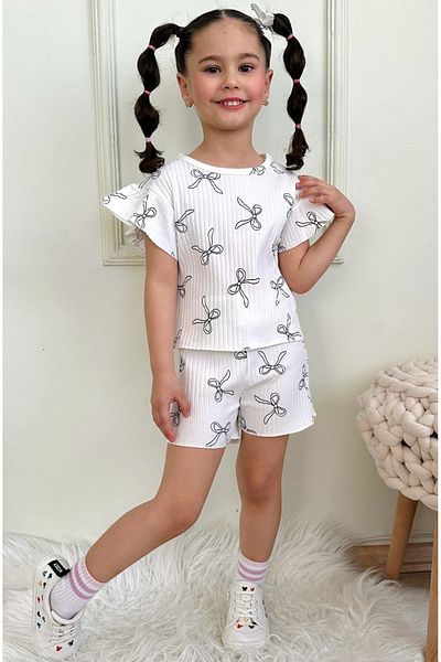 Yağmur Giyim Pjkskt Bow Pattern Ecru Corduroy Fabric Ruffled Sleeves Shorts Girls Short Sleeve Suit 7637-E