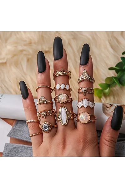 Takıtolia Maven - 14 Pieces Pearlescent Moon Stone Stylish Design Vintage Multiple Adjustable Gold Gold Ring Set