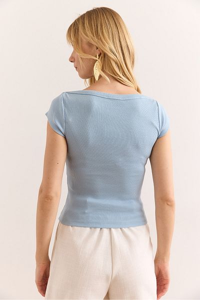 Olalook Women Baby Blue Shoulder Detail Boat Neck Stretchy Cotton Blouse Blz-19002967