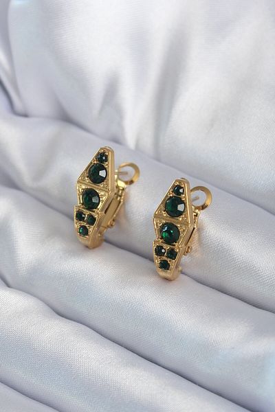 Skygo 316L Steel Gold Color Green Crystal Stone Detail Snake Model Women's Earrings - TJ-BKP8065