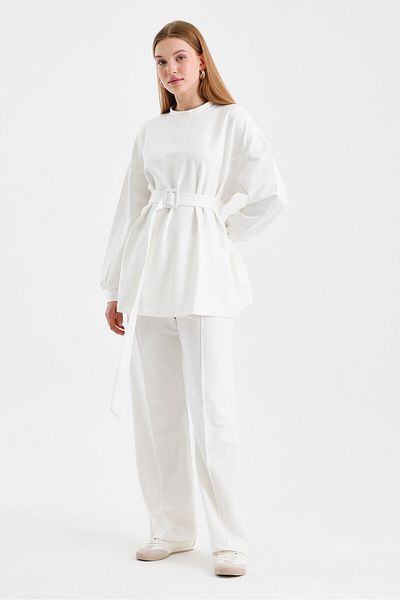 KUAD Ecru Belted Basic Sweat Pants Suit