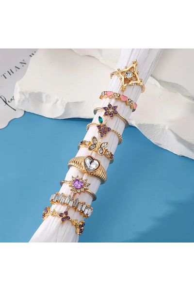 Takıtolia Velura Set of 9 Stylish Design Vintage Multi Gold Gold Rings with Colorful Stones, Heart Butterfly Flower Figures