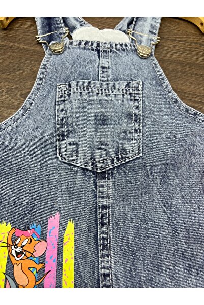 seanto Tom ve Jerri Baskılı Kız Bebek Kot Salopet Şortlu Takım - Pembe Tişörtlü