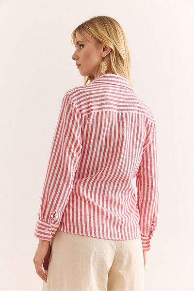 Olalook Women's Red Side Tie Detailed Striped Linen Blouse Blz-19002971