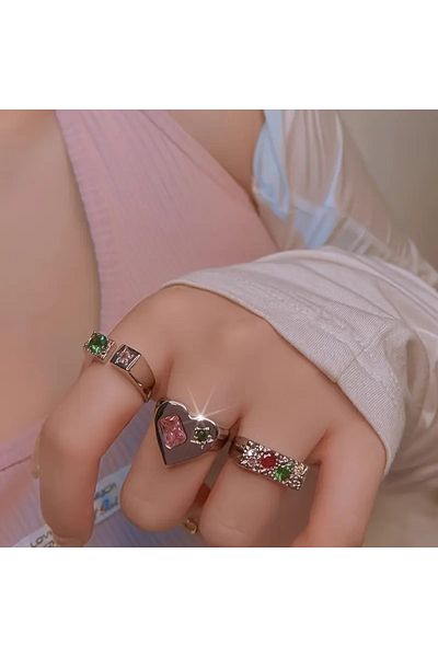 Takıtolia Pivel Silver - 3 Colorful Sparkling Stones Heart Figured Design Vintage Multiple Silver Ring Set