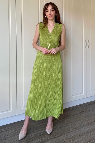 Dilay Gökoğlu Butik Πράσινο φόρεμα με διπλό γιακά Crinkle Midi πόρπη
