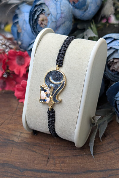 cheetah quality Kedi Zirkon Taşlı El Yapımı Makrome Ayarlanabilir Kadın Bileklik