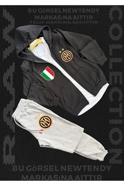 Minikelya Inter Milan Men's Hooded Zip Tracksuit - Black Jacket and Grey Trousers with Club Logo