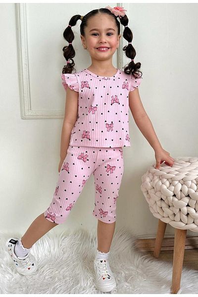 Yağmur Giyim Pjkskt Bow Pattern Pink Twill Ruffled Sleeve Capri Girl's Short Sleeve Suit 7642-P