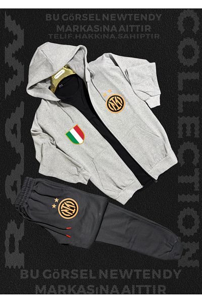 Minikelya Sport Suit Men's Inter Milan with Cap and Zipper – Jacket Black and Pants Gray with Club Emblem