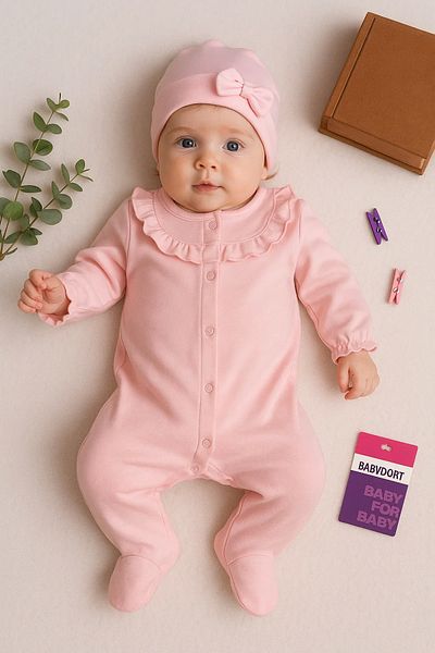 Babydonat Lined Bow Jumpsuit for Baby Girl - With Hat