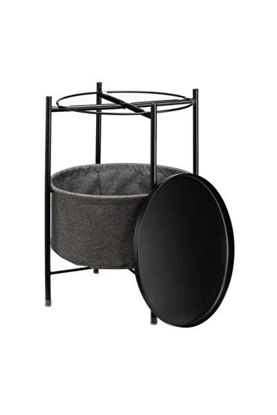 1st Modern Metal Round Serving Table 60x45cm with Fabric Storage Basket - Black