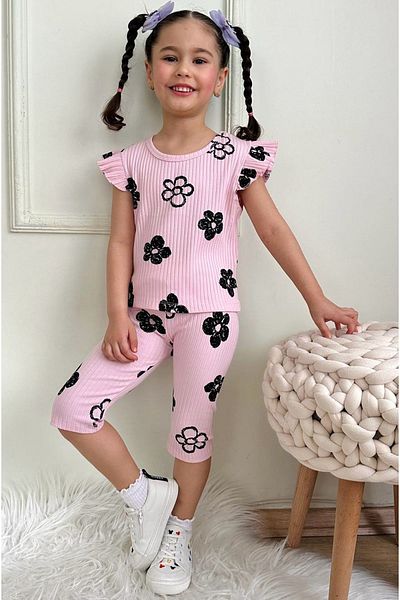 Yağmur Giyim Pjkskt Brush Daisy Pattern Pink Twill Ruffled Sleeve Capri Girl's Short Sleeve Suit 7639