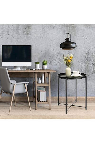 1st Black Metal Round Serving Table with Detachable Top Tray - 50x50x60 cm
