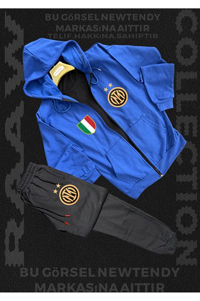 Minikelya Inter Milan Men's Hooded Zip Tracksuit - Black Jacket and Grey Trousers with Club Logo