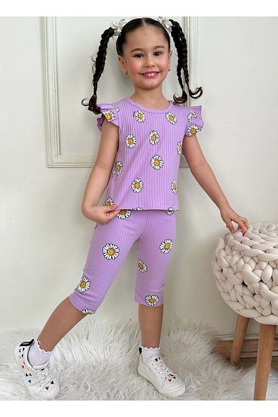 Yağmur Giyim Smile Pattern Lilac Twill Fabric Ruffled Sleeve Capri Girl's Short Sleeve Suit 7641-L