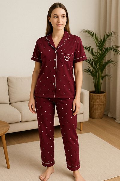 FENZO Set de pijamale din bumbac și viscoză cu imprimeu stea neagră pentru femei, cu mâneci scurte, pijamale lungi, îmbrăcăminte de acasă confortabilă