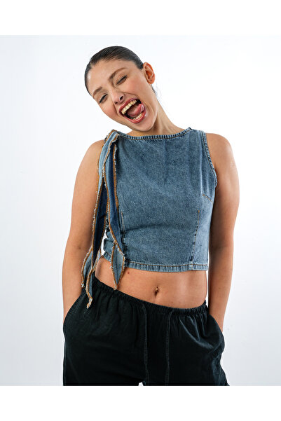 MODA Asimetrik Kesimli Püsküllü Kot Crop