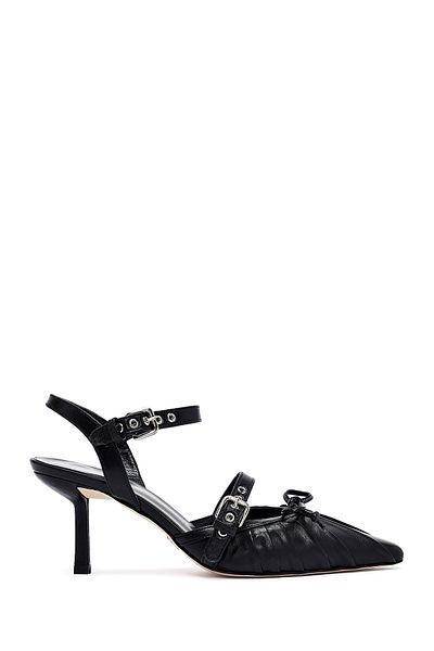 Derimod Women's Black Ankle Buckle Open Back Thin Heeled Leather Shoes 25Sfd121118