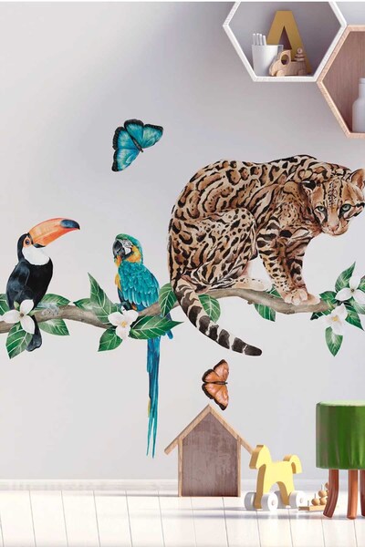 KT Decor Safari World Rainforest Ocelot Parrot Toucan Bird Wall Sticker Set