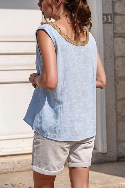 bacc Γυναικεία Baby Blue Straw V-Neck Muslin Αμάνικη φαρδιά μπλούζα Bcbsk-25700-3424
