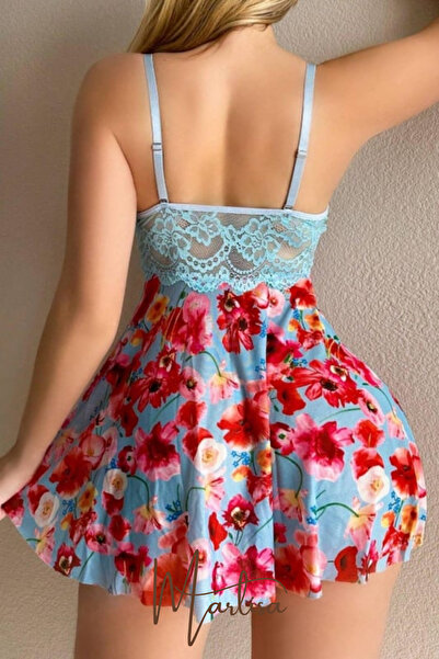 Marlisa Premium Mavi Floral Desenli Dantelli Mini Gecelik – Renkli & Zarif Stil | Marlisa Soft Bloom