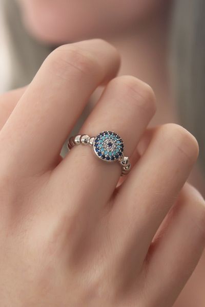 Skygo Silver Color Evil Eye Bead Figure Zircon Stone Detail Women's Ring - TJ-BYK2414
