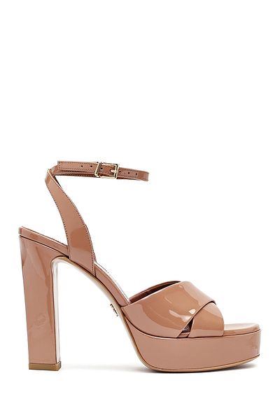 Derimod Women's Beige Ankle Buckle High Thick Heeled Platform Patent Leather Sandals 25SFD120416