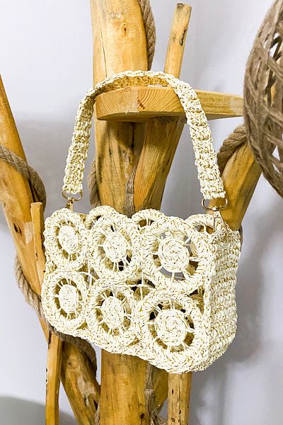 Mila Ecru Glitter Straw Hand Knitted Ring Motif Bag