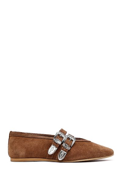 Derimod Women's Tan Double Buckle Suede Leather Ballerinas 25Sfd140210