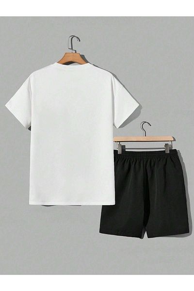 DUBU BUTİK 1898 Brooklyn T-shirt Shorts - White Black Bottom Top Team Shorts T-shirt Combo Printed Crew Neck