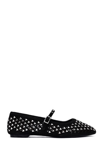 Derimod Women's Black Buckle Stone Leather Ballerinas 25Sfd140514