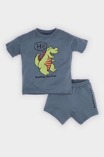 DeFacto 2-teiliges Set für Babys, Jungen, kurzärmliges T-Shirt mit Dinosaurier-Aufdruck und Shorts mit elastischem Bund E1152a525sm