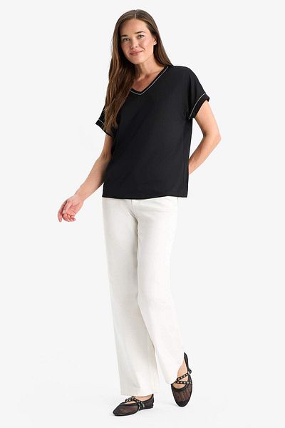 DeFacto V-Neck Basic Plain Short Sleeve T-Shirt F4831Ax25Sm