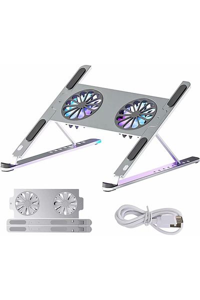 COOYA Aluminium Laptop Stand,with Double Cooling Fan,8 Levels of Height Adjustment,for Laptops,Silver