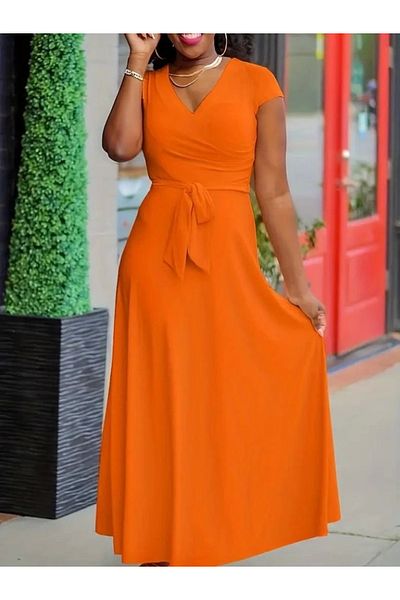 nedo7 Women's Short Sleeve V-Neck Waist Belted Maxi Length Viscose Dress