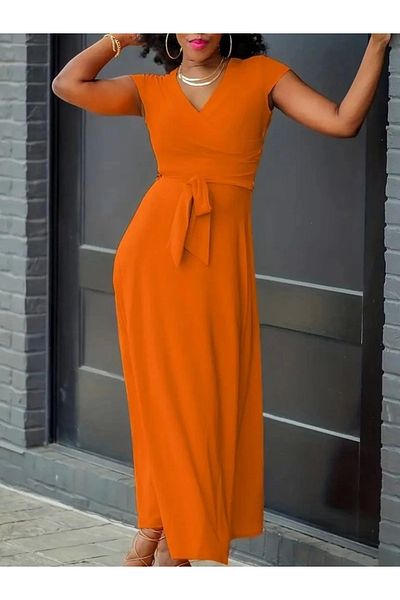 nedo7 Women's Short Sleeve V-Neck Waist Belted Maxi Length Viscose Dress