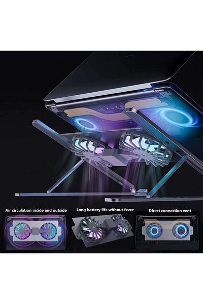 COOYA Aluminium Laptop Stand,with Double Cooling Fan,8 Levels of Height Adjustment,for Laptops,Silver