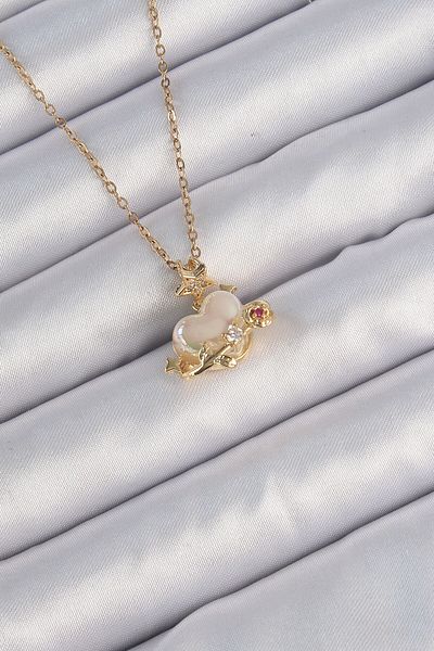 Skygo 316L Steel Chain Gold Color Pearlescent Heart Figure Zircon Stone Planet Necklace - Tj-Bko9181