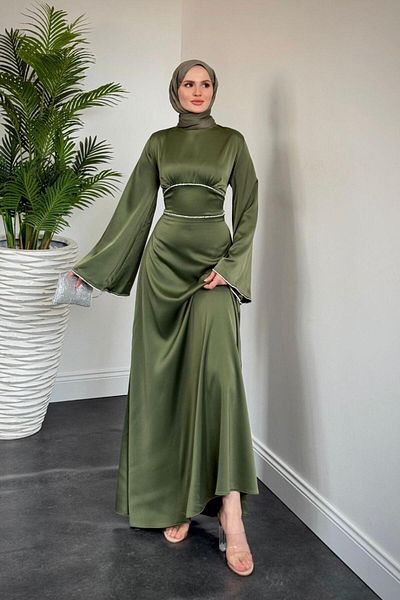 MERVEN AKYÜZ Vlasi Satin Evening Dress with Baguette Stones on the Sleeves and Waist Khaki