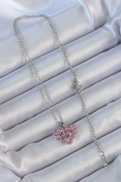 Skygo 316L Steel Chain Silver Color Pink Segmented Zircon Stone Heart Necklace - Tj-Bko9164