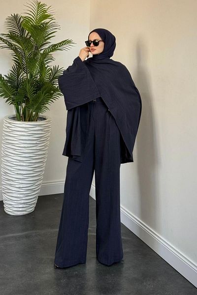 MERVEN AKYÜZ Veni Asymmetric Palazzo Λινό Σετ Navy Blue