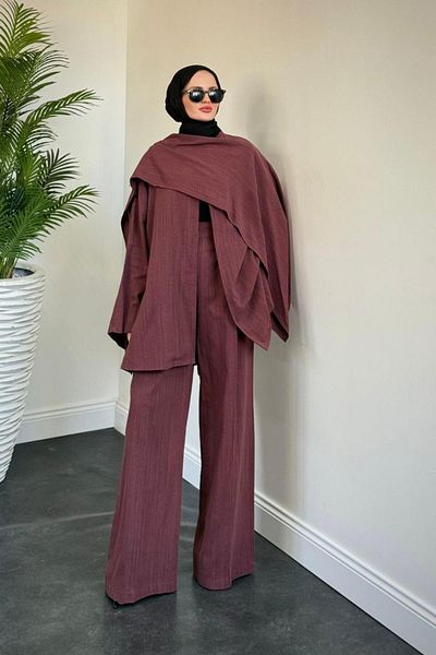 MERVEN AKYÜZ Veni Asymmetrical Palazzo Linen Set Plum