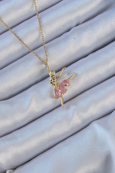 Skygo 316L Steel Chain Gold Color Pink Zircon Stone Ballerina Necklace - Tj-Bko9137